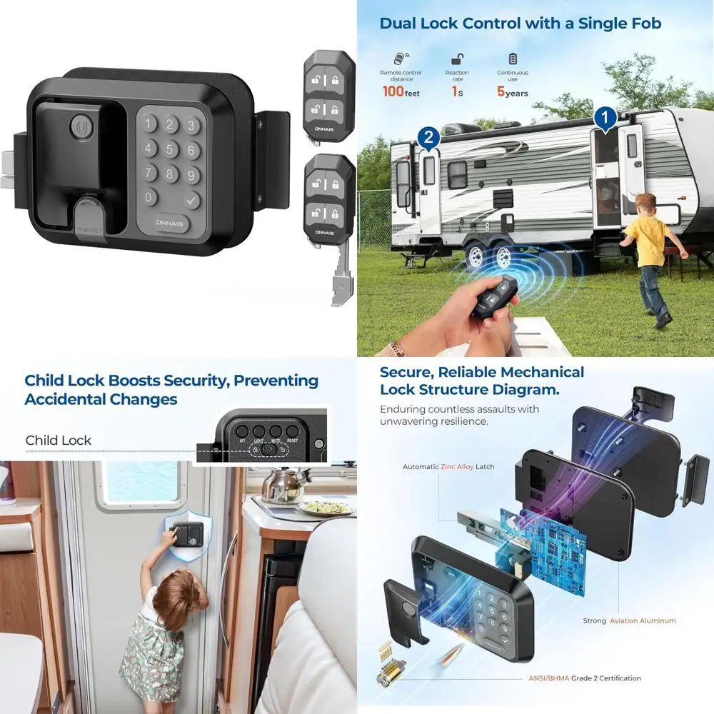RV Door Lock Replacement – Full-Metal RV Keyless Entry Door Lock with 10 Digits Keypad, Dual-Door Remote Control and Backup Key.