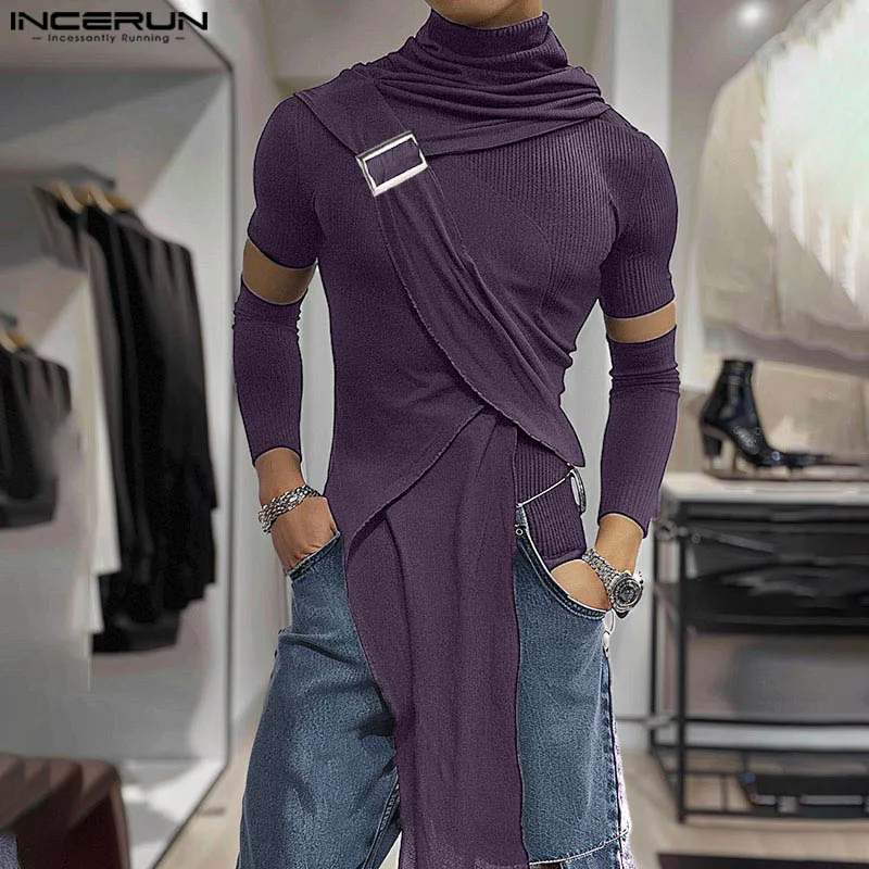 INCERUN Men Irregular T Shirt Solid Turtleneck Short Sleeve Gloves Casual Men Clothing Streetwear 2024 Fitness Fashion Camisetas