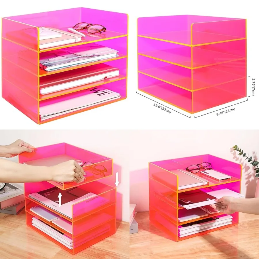 

Acrylic File Organizer for Desk 4 Tiered Stackable Letter Tray Office Paper Storage Desktop Document Sorter