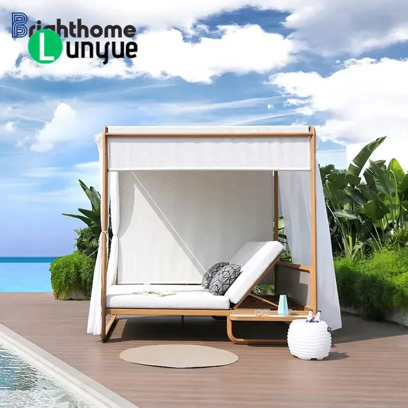 Modern Outdoor Sofa Bed with Canopy for Garden Pool Terrace Hotel Leisure Sunbathing Waterproof Durable Furniture
