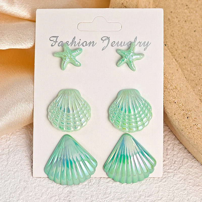 6PCS Summer Hawaiian Laser Triangular Scallop and Starfish Stud Earrings, Gradient Color Beach Vacation Earrings