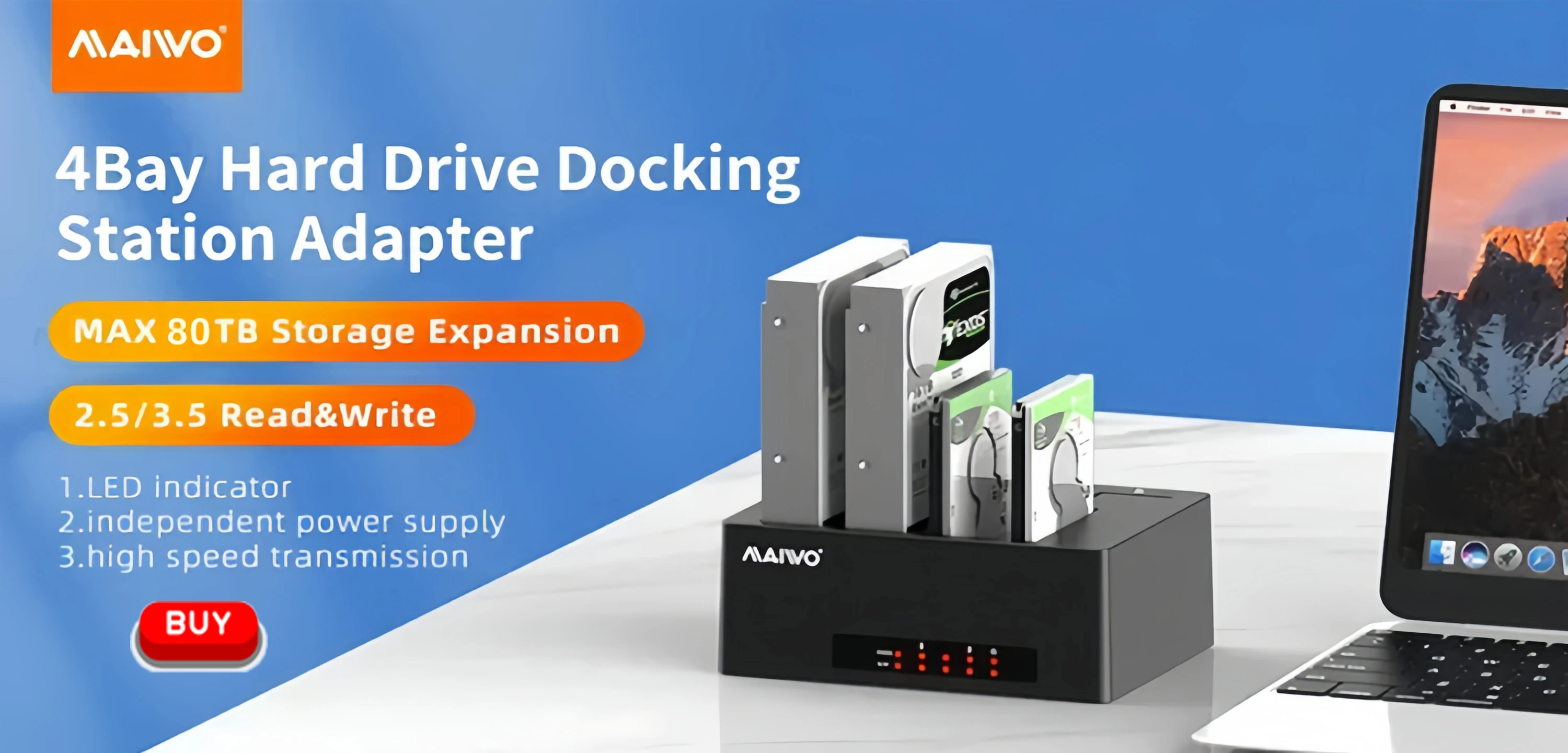 Maiwo 2.5/3,5 Zoll Dual Bay externes Festplatten gehäuse mit 4 Raid HD Array Sata zu USB 3,0 Festplatte Docking station – Detail 2