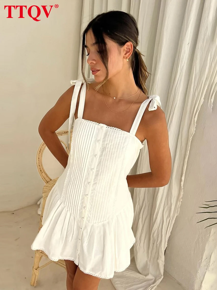 

TTQV Sexy Slim White Women's Dress 2026 Summer Strap Sleeveless Mini Dresses Elegant Classic Pleated Female Dress Streetwear