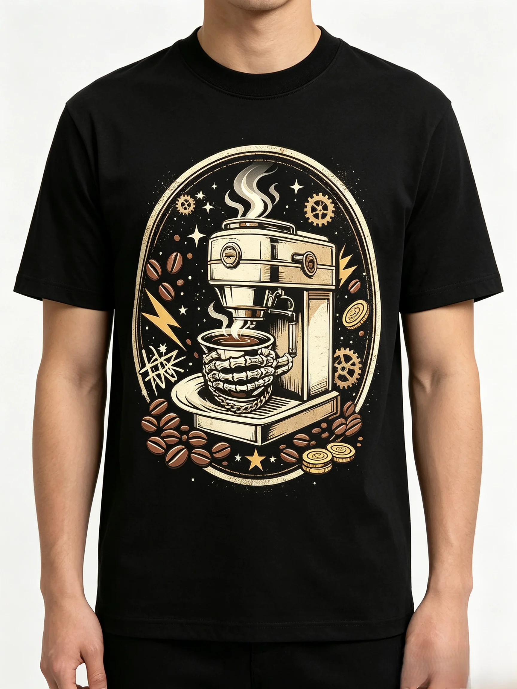 Unisex Vintage Espresso Machine Skeleton Coffee T-Shirt Gothic Skull Hand Coffee Beans Print Tee Retro Punk Oversized Black Short Sleeve Streetwear For Men Women