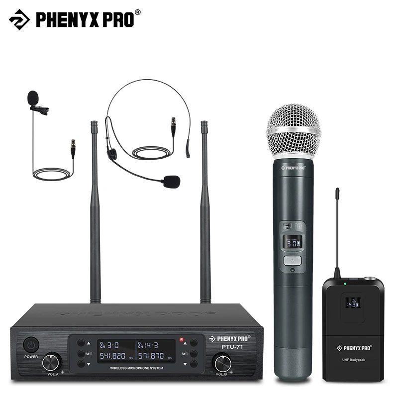 

Phenyx Pro Dual Channel Cordless Wireless Microphone System with Handheld/Bodypack/Headset/Lapel,Auto Scan Lock Function 100M