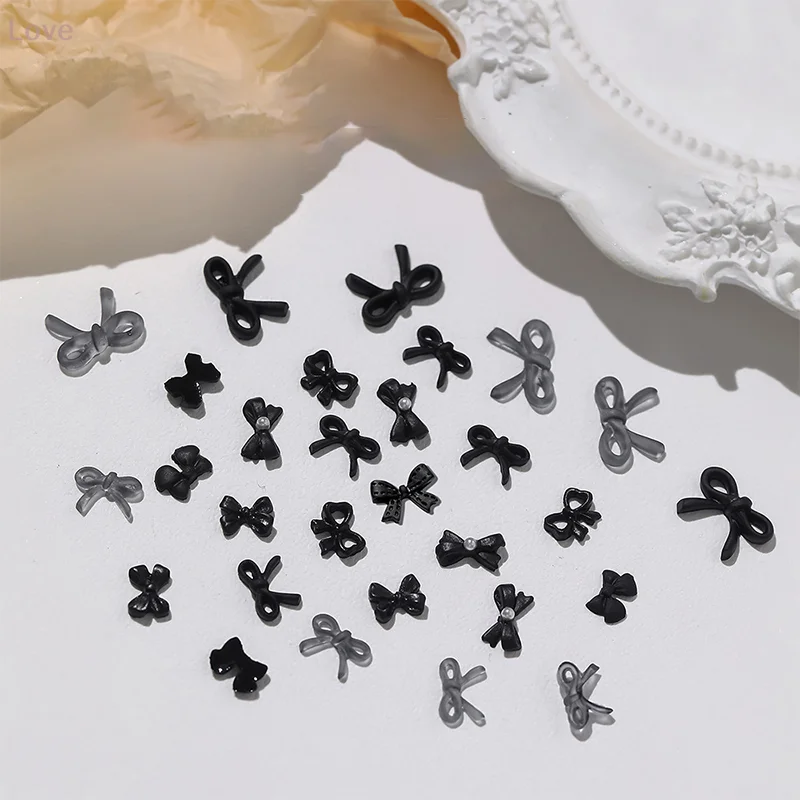 [L&P] 50 PCS Laços Pretos Encantos de Unhas Resina Mini Arco de Pérola Decorações de Arte de Unhas Artesanais DIY Imprensa em Unhas