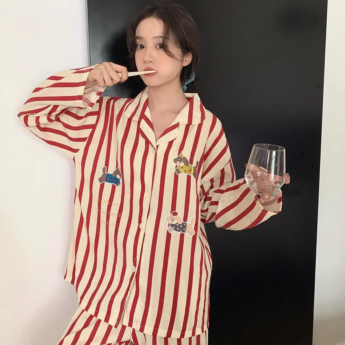 

Autumn 2025 Cute Cartoon Dog Sleepwear Set Women's Long Sleeve Casual Comfortable Home Clothes Striped Color Block Loungewear