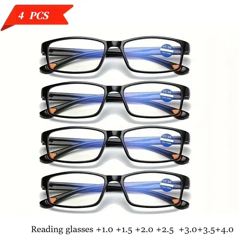 4pcs Anti-blue Light Reading Glasses Thick Black Framed Glasses Portable Presbyopia Eyeglass +1.0 1.5 2.0 2.5 3.0 3.5 4.0
