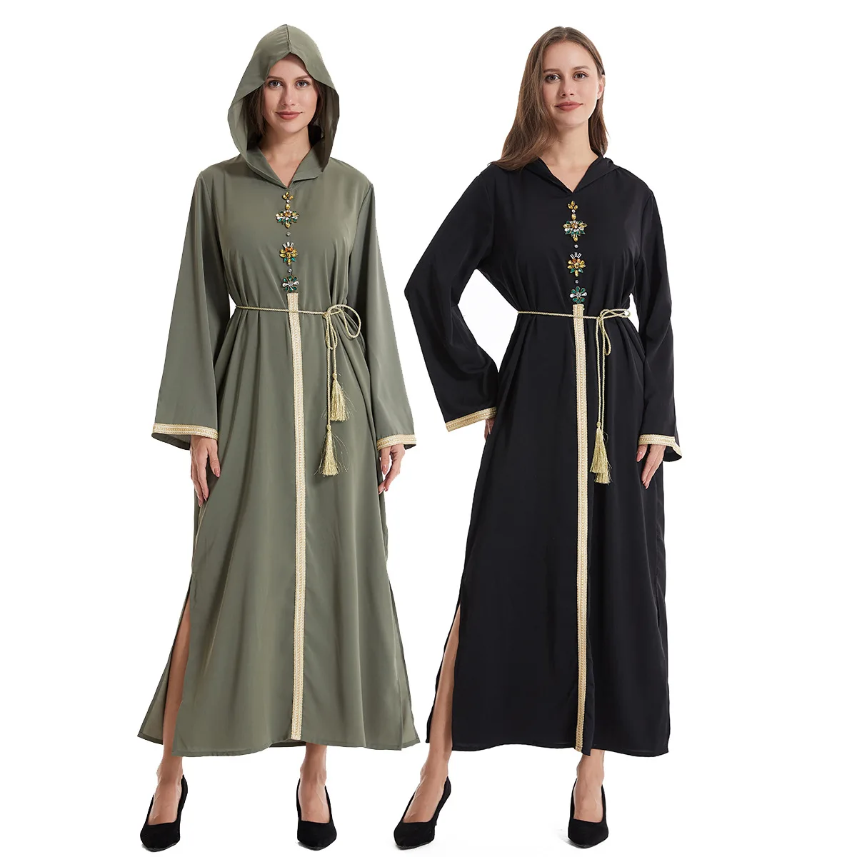 

Women's hooded long sleeved tape with hand sewn diamond robe, long dress TH940,