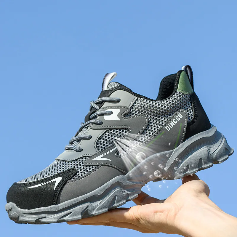 

men fashion breathable steel toe caps work safety shoes summer tooling security boots worker safe sneakers grey footwear protect
