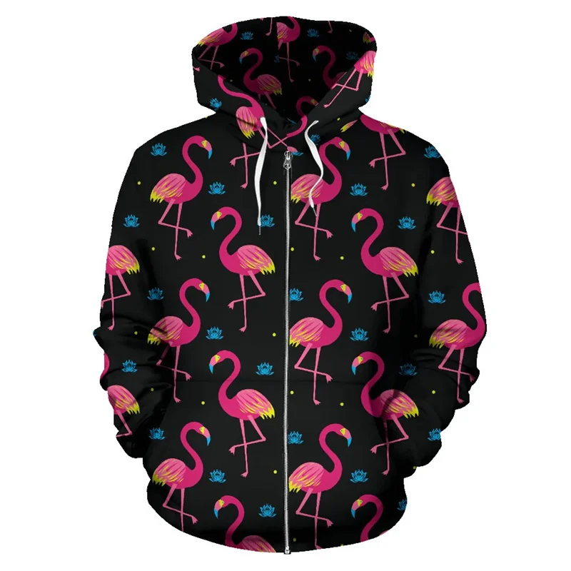 Harajuku Y2k 3D Animal Flamingos Printed Zip Up Hoodies Phoenicopteridae Graphic Zipper Hooded Hoody Women Funny Sweatshirts Top