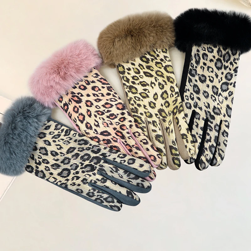 Leopard Print Touch Screen Gloves One Side Leopard Print Hair Mouth Design Winter Women Warm Padded Split Finger Gloves Riding