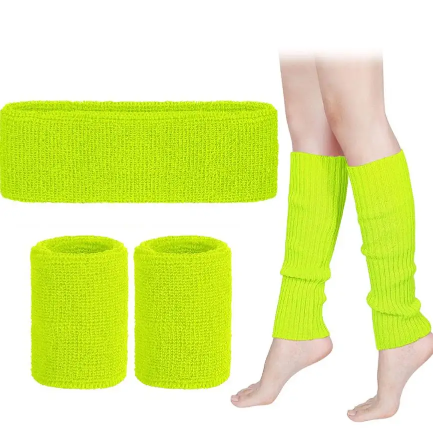 80s Neon Fancy Dress Set Costume Party Decor Headband Wristbands Knit Leg Warmers Halloween Retro Jogging Sports Props 50SET