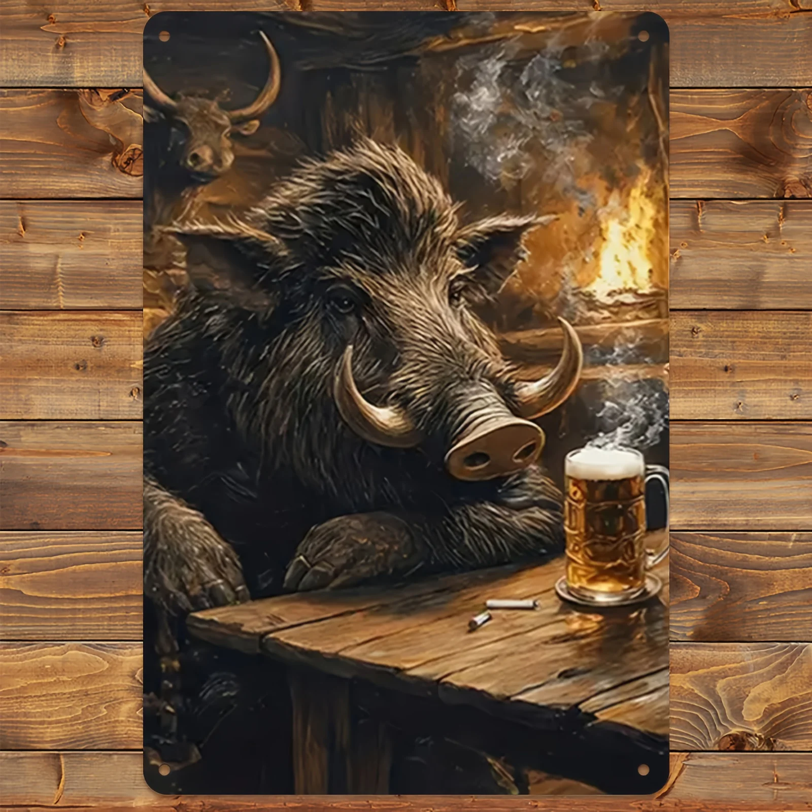 2D Flat, 1pc Wild Boar & Beer Mug Metal Wall Art Sign - Rustic Hunting Lodge Decor with Wild Boars & Beer Mug, Durable Iron 8