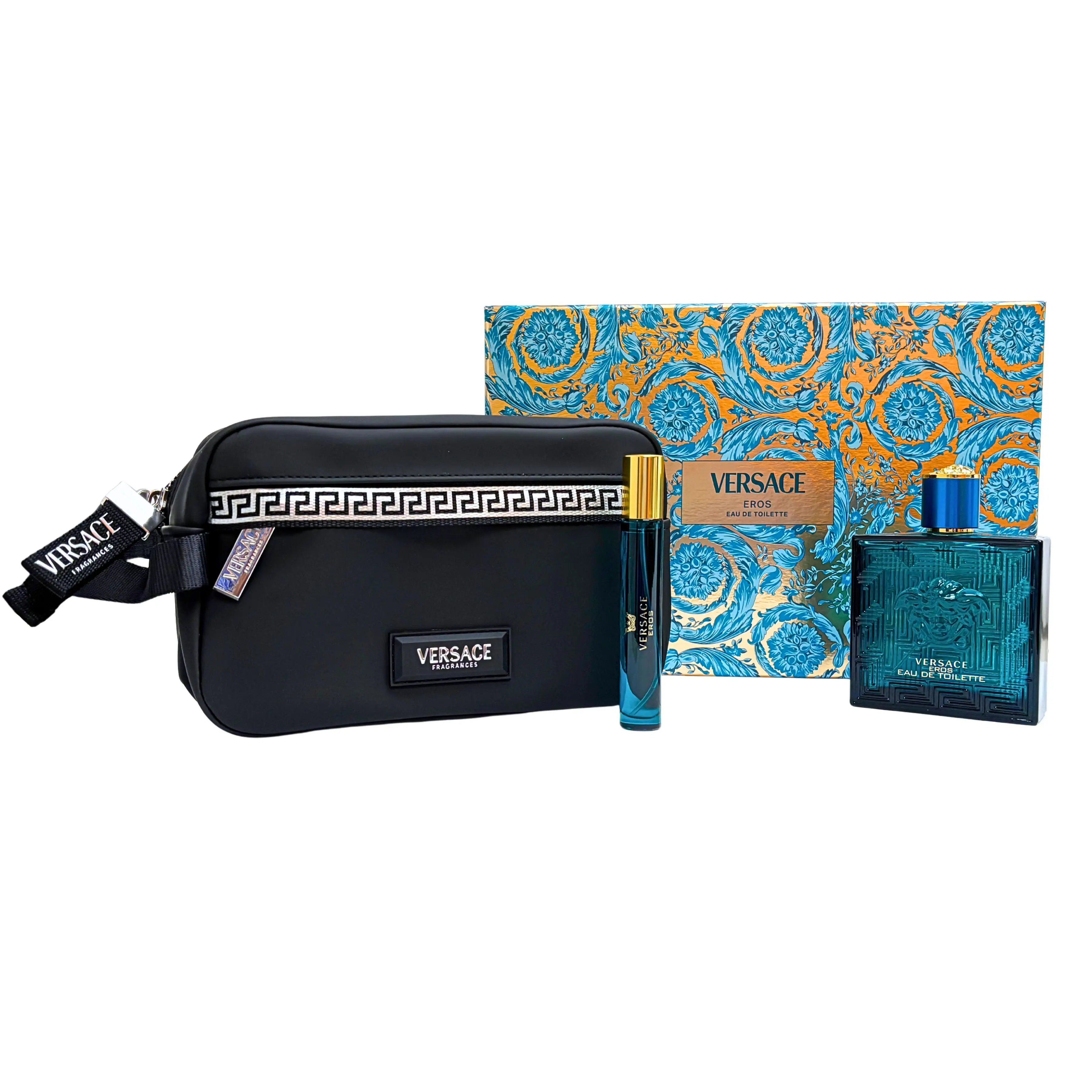 Versace Eros 3 Piezas Set de Regalo para Hombre (Estuche de Viaje + Eau De Toilette SPR 0.34 oz + Eau De Toilette SPR 3.4 oz)