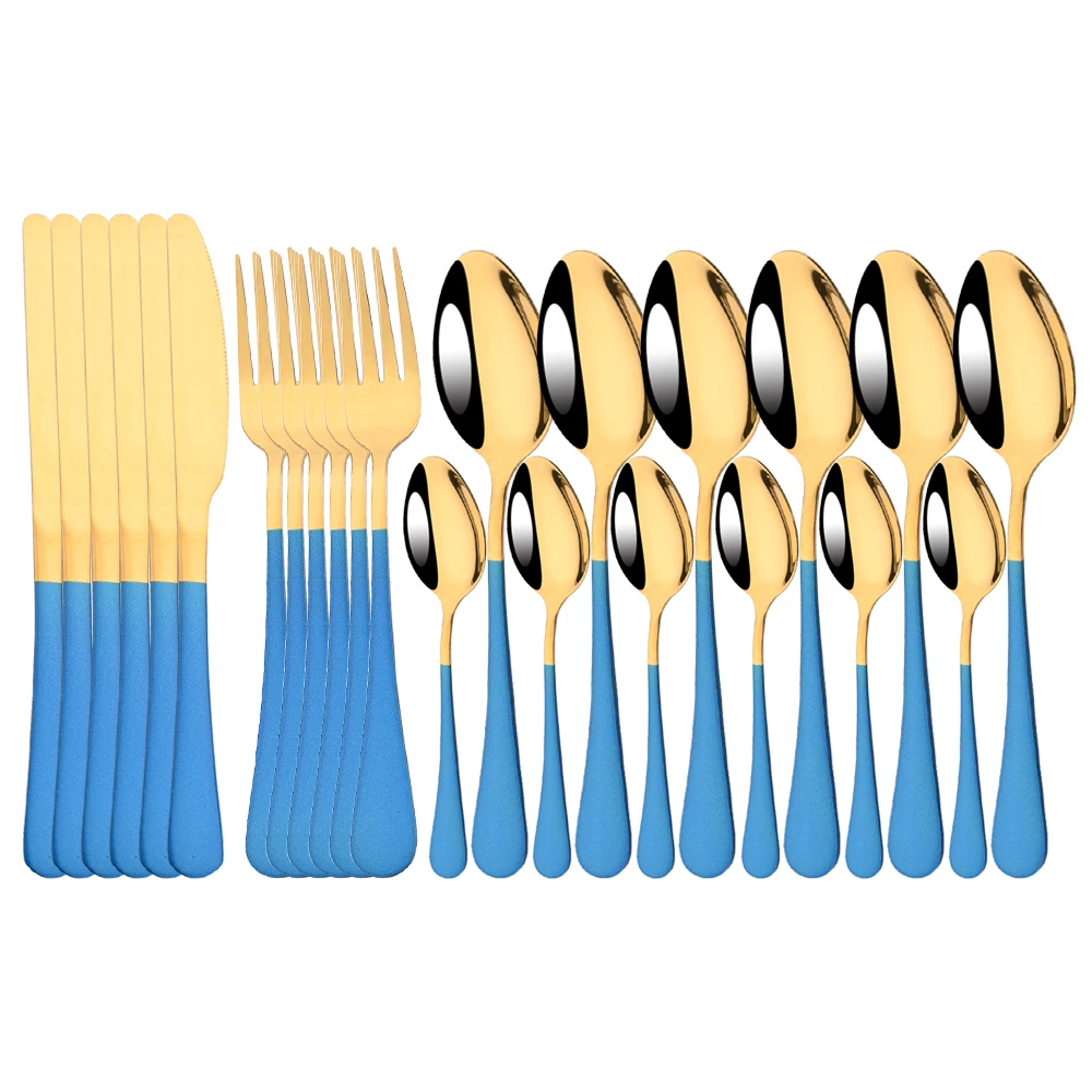 

24Pcs Luxury Dinnerware Cutlery Set Fork Spoon Knife Set Elegant Stainless Steel Blue Gold Flatware Set Kitchen Home Tableware