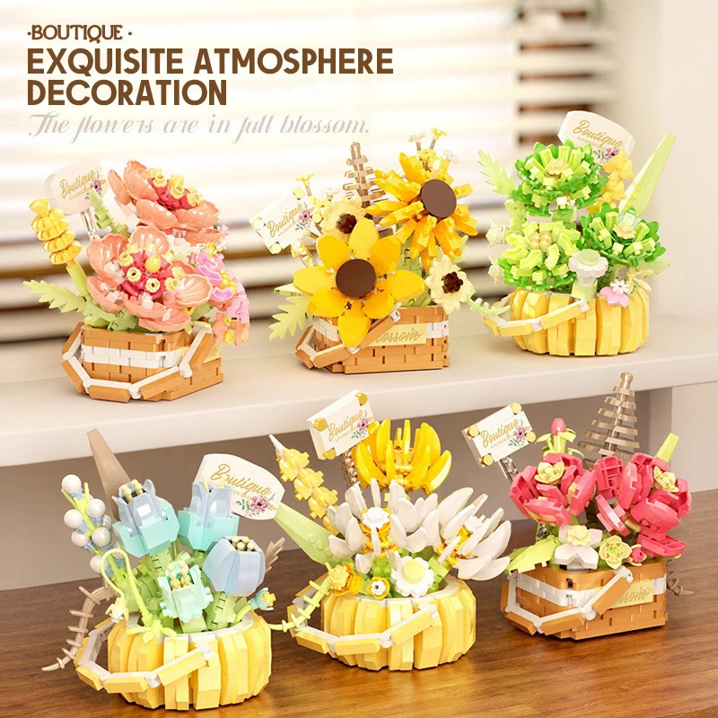 花束ビルディングブロック多肉植物人工バスケットキット DIY 盆栽庭レンガ DIY 鉢植えモデルのおもちゃ子供のため