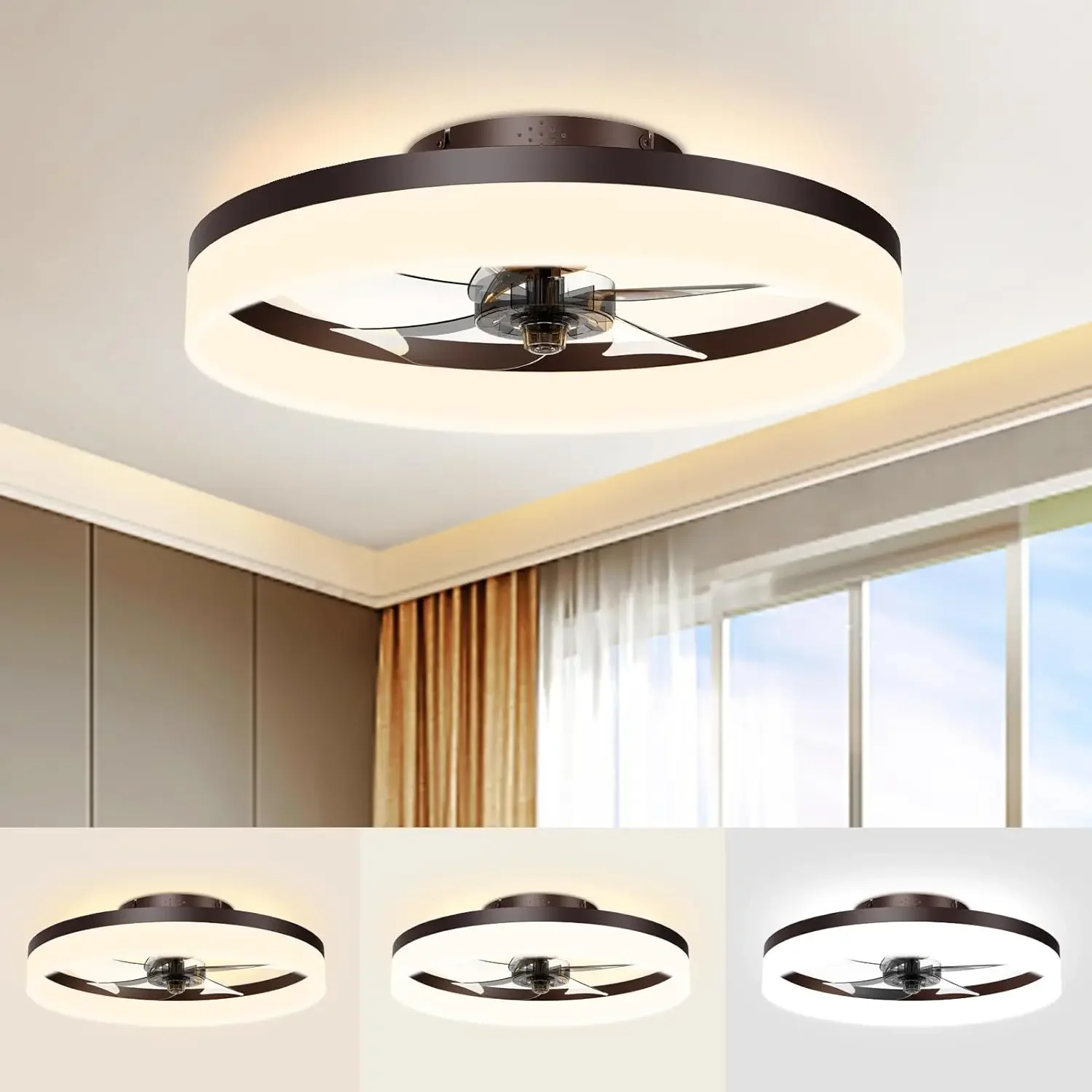 Low Profile Ceiling Fans with Lights and Remote, 19.7in Fandelier Ceiling Fan Flush Mount, 3000K-6500K Smart Bladeless LED Fan L