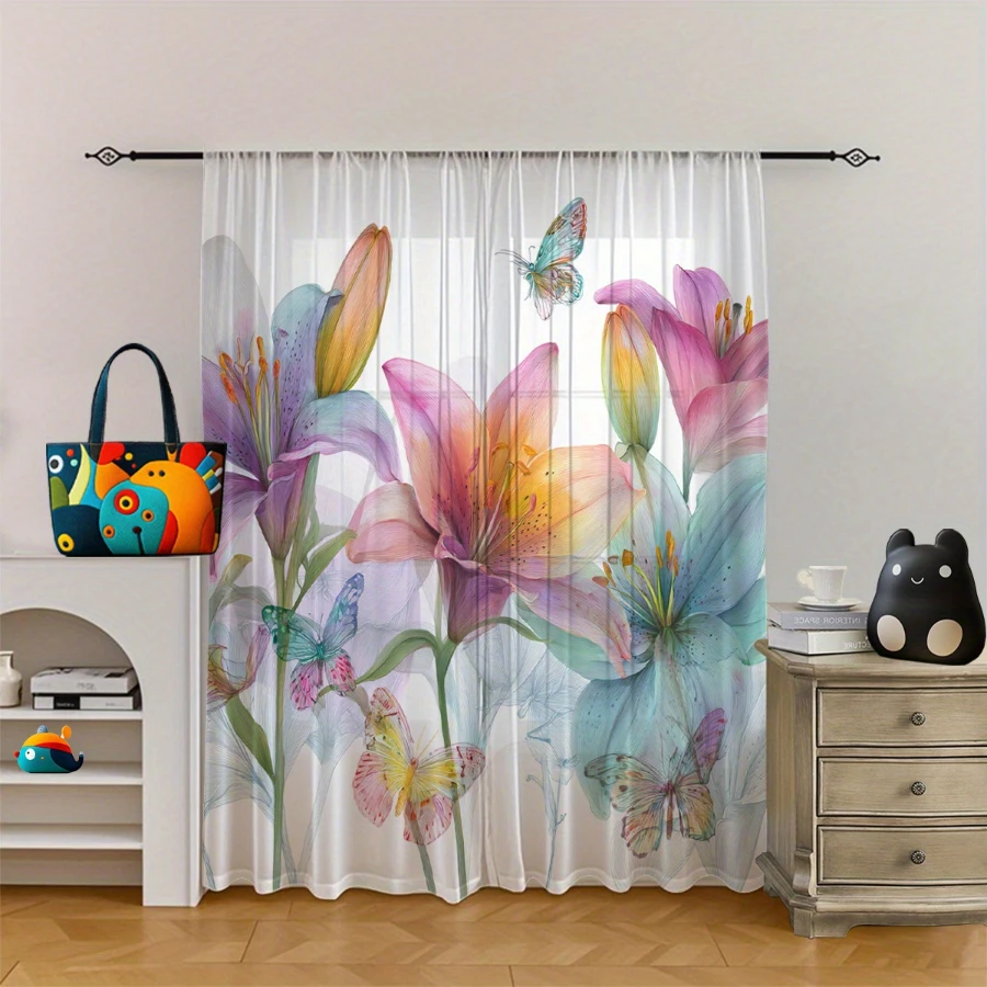2PCS Digital Print Sheer Curtain, Gradient Lily Butterfly, Boho Chic Window Curtains for Living Room Bedroom Home Decor