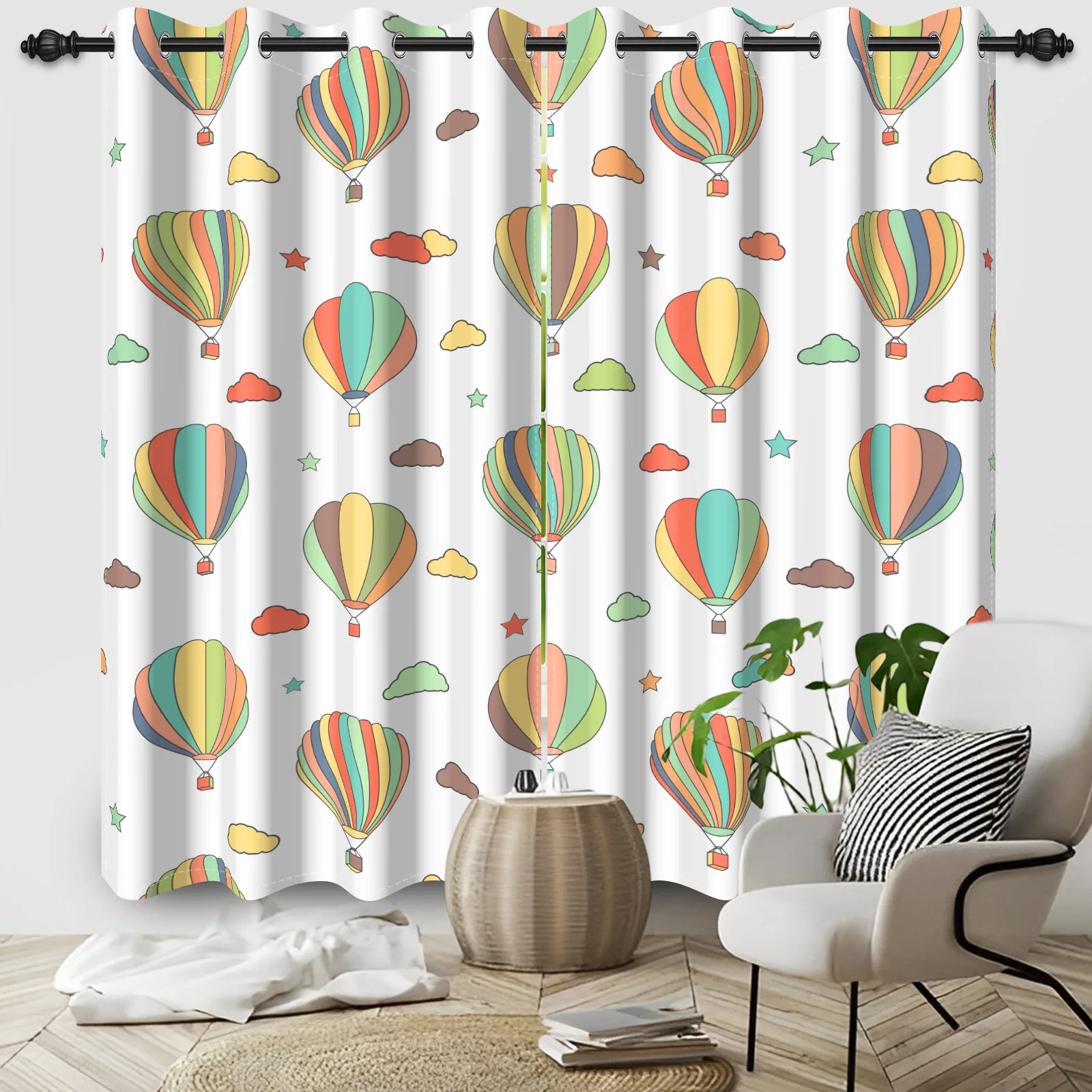 2pcs/set Colorful Hot Air Balloons Window Curtain Cartoon Sketch Cloud Printing Bedroom Decor Blackout Polyester Fabric Curtains