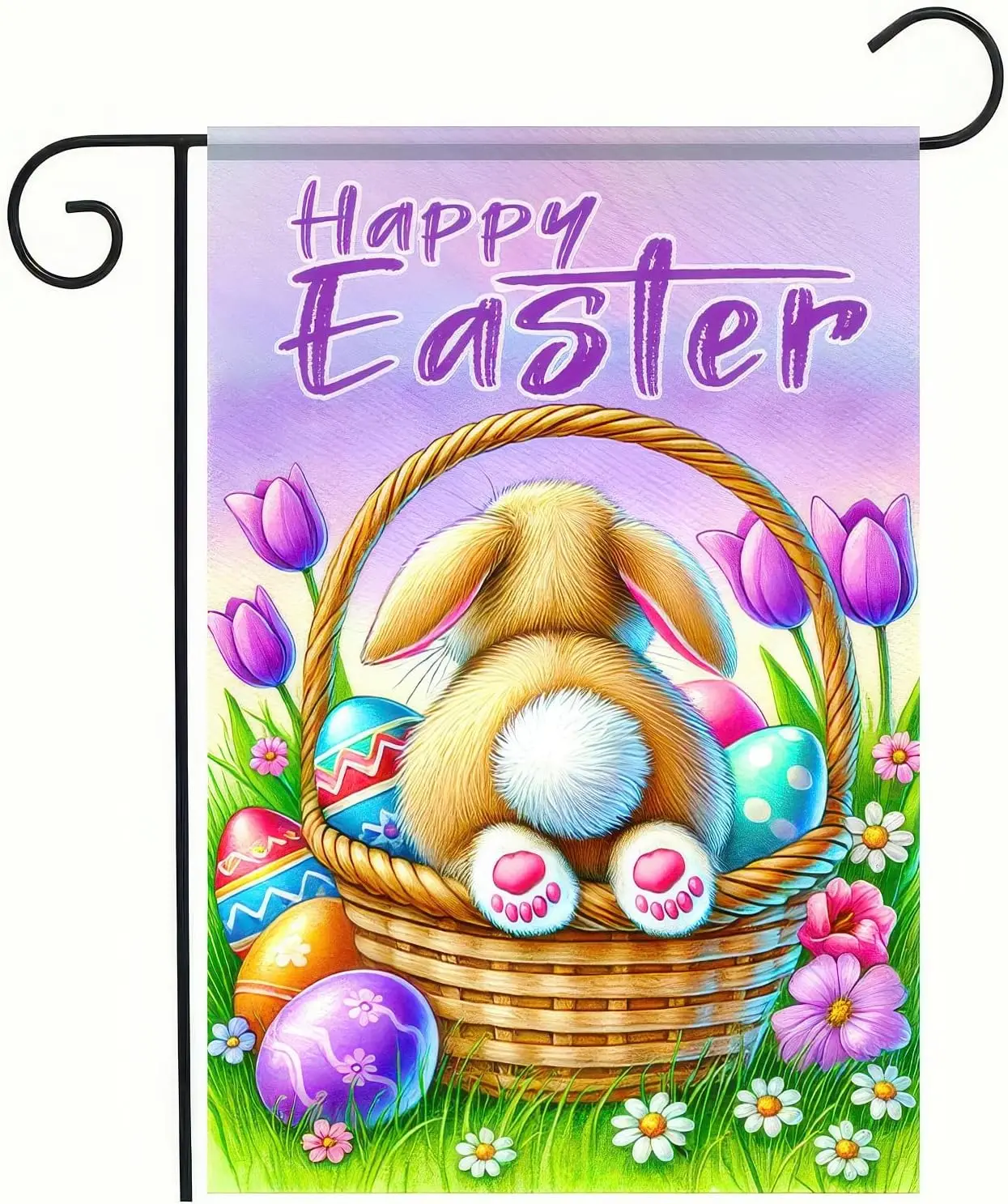 Happy Easter Bunny Garden Flag Double Sided 12 x 18 InchBunny in Basket with Easter Egg Bunny Rabbit Cute Egg Decorative Out SSL