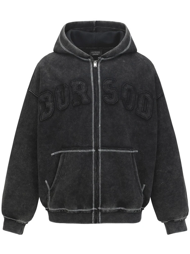 سويت شيرت رجالي بقلنسوة عتيق ملابس الشارع الشهير بسحاب عالي الجودة بتصميم حافة فضفاضة غير رسمية موضة الخريف والربيع