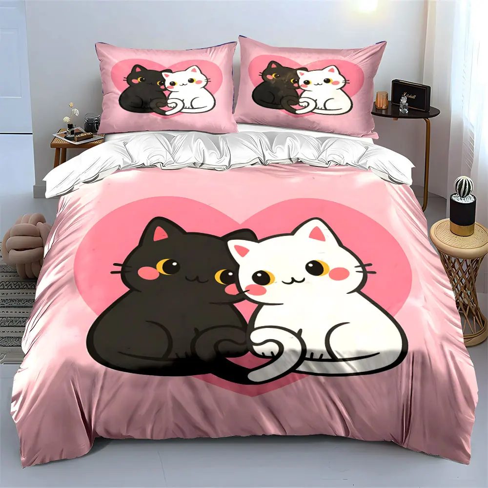 Sweet black and white cats cuddling with a heart Print Bedding set 3PC 1 duvet cover 2 pillowcases adult children bedding set