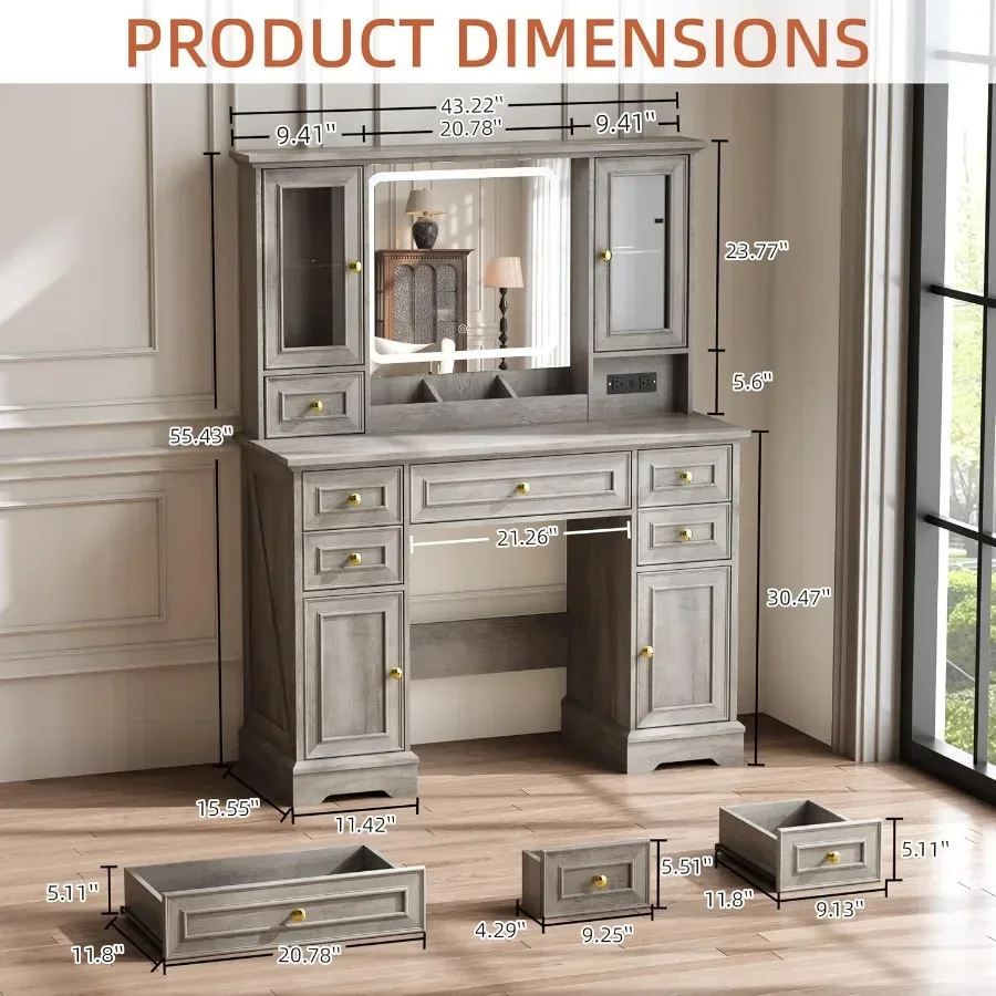 Vanity Desk with Mirror and Lights, Makeup Vanity with Power Outlet and USB Ports, Farmhouse Dressing Table, 6 Drawers and 4 St