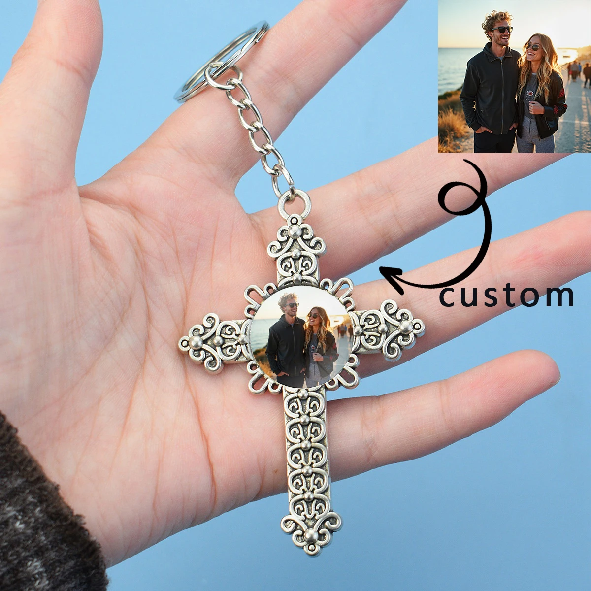 Custom Photo Vintage Cross Keychain Personalized Picture Metal Key Ring Gift