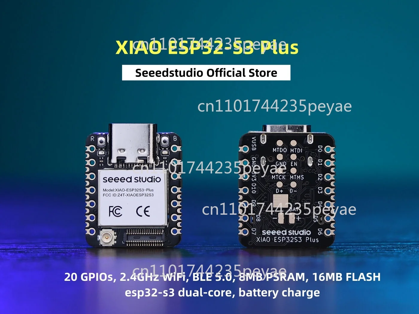 XIAO ESP32S3 Plus - 20 GPIOs, 2.4GHz WiFi, BLE 5.0, 8MB PSRAM, 16MB FLASH, esp32-s3 dual-core, battery charge supported