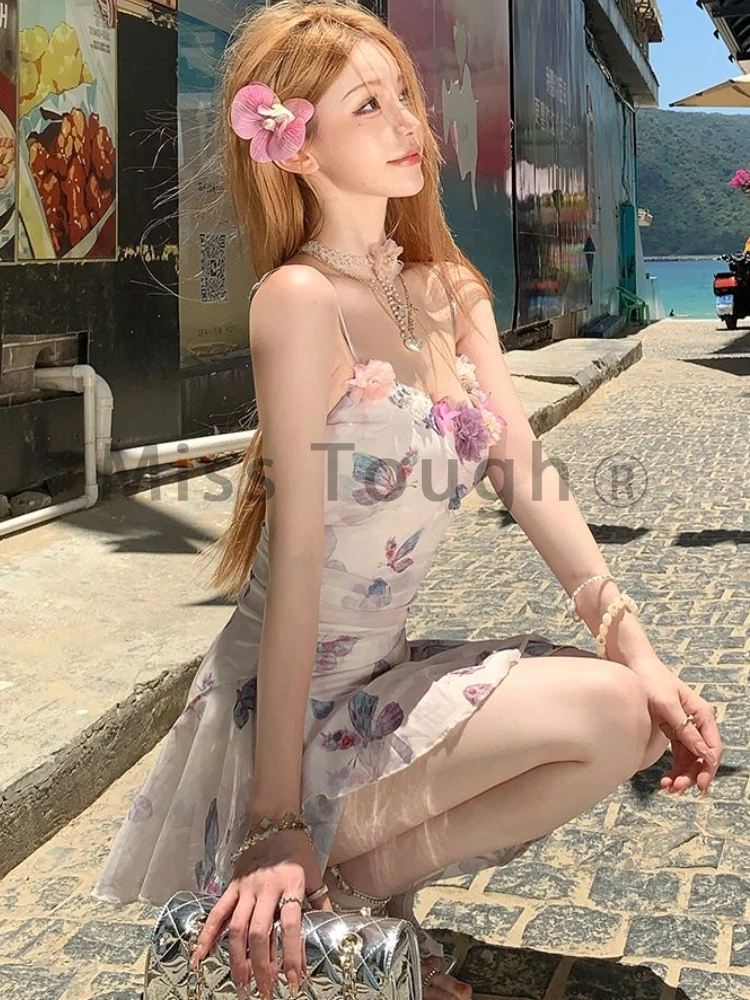 Sweet Floral Party Mini Dress Women Summer New Korean Printing Floral Y2k Dress Female Slim Chic Strap Beach Designer Dress 2024