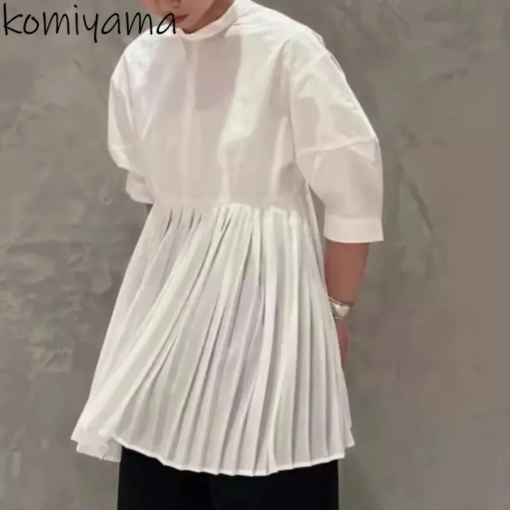 

Big Swing Pleated Design Blouses Japan Loose Patchwork New Vintage Tops Literary Elegant French Style Short Sleeve Blouses