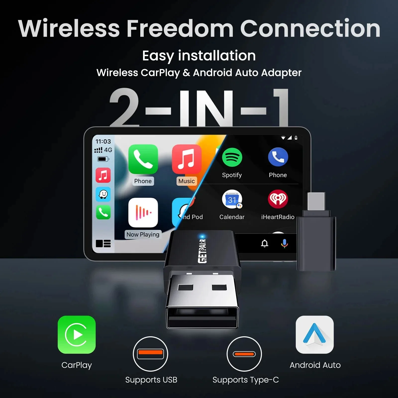 Adapter GetPairr Ultra Mini Wireless CarPlay Android Auto Plug And Play WiFi Szybkie Połączenie Uniwersalny Do Samochodów z Przewodowym CarPlay