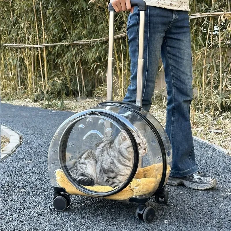 Transparent Pet Carrier Trolley Wheeled Cat Backpack Large Capacity Breathable Dog Travel Bag Portable Outdoor Puppy Suitcase