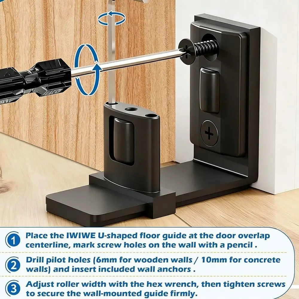 Wall Mounted Door Floor Guide Smooth Nylon Rollers Sawtooth Design Barn Door Floor Guide Rail Black Color Flush Design