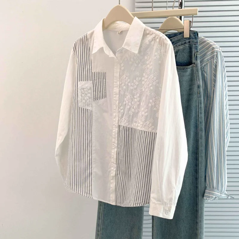 

Новые женские свободные универсальные повседневные рубашки с длинными рукавами и пуговицами в полоску с воротником-поло