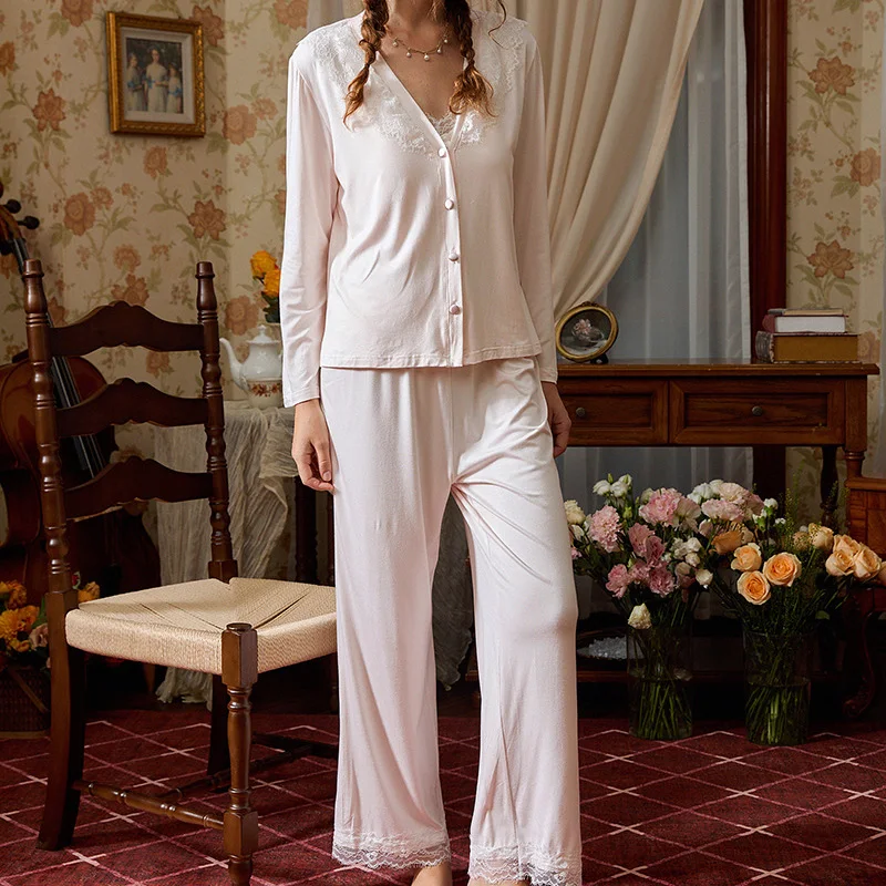 Spring Autumn Sweet Ruffles Lace Modal Home Cardigan Sling Top with Chest Mat Sleepwear Wide Leg Pants Three Piece Set for Women