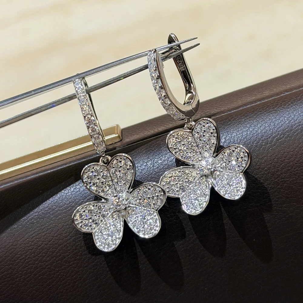 Trendy Real 925 Sterling Silver Earrings For Women Anniversary Gift Clover Flower Drop 5A Zircon Luxury Fine Jewelry