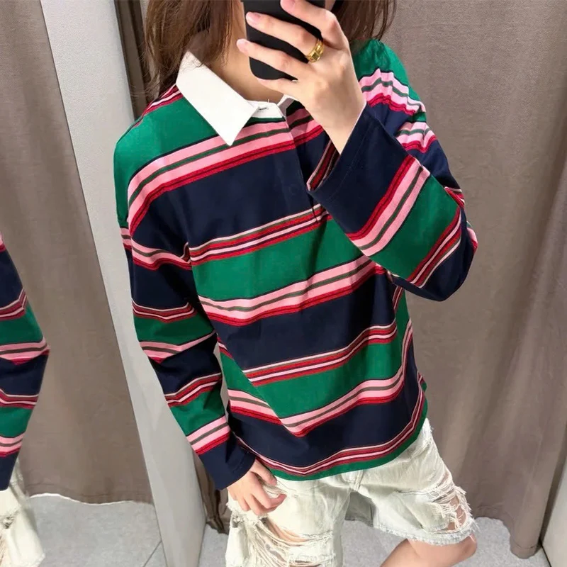 Women's Striped Long Sleeve Polo Shirt, Retro Colorblock Pullover, Casual Stripe Knit Blouse
