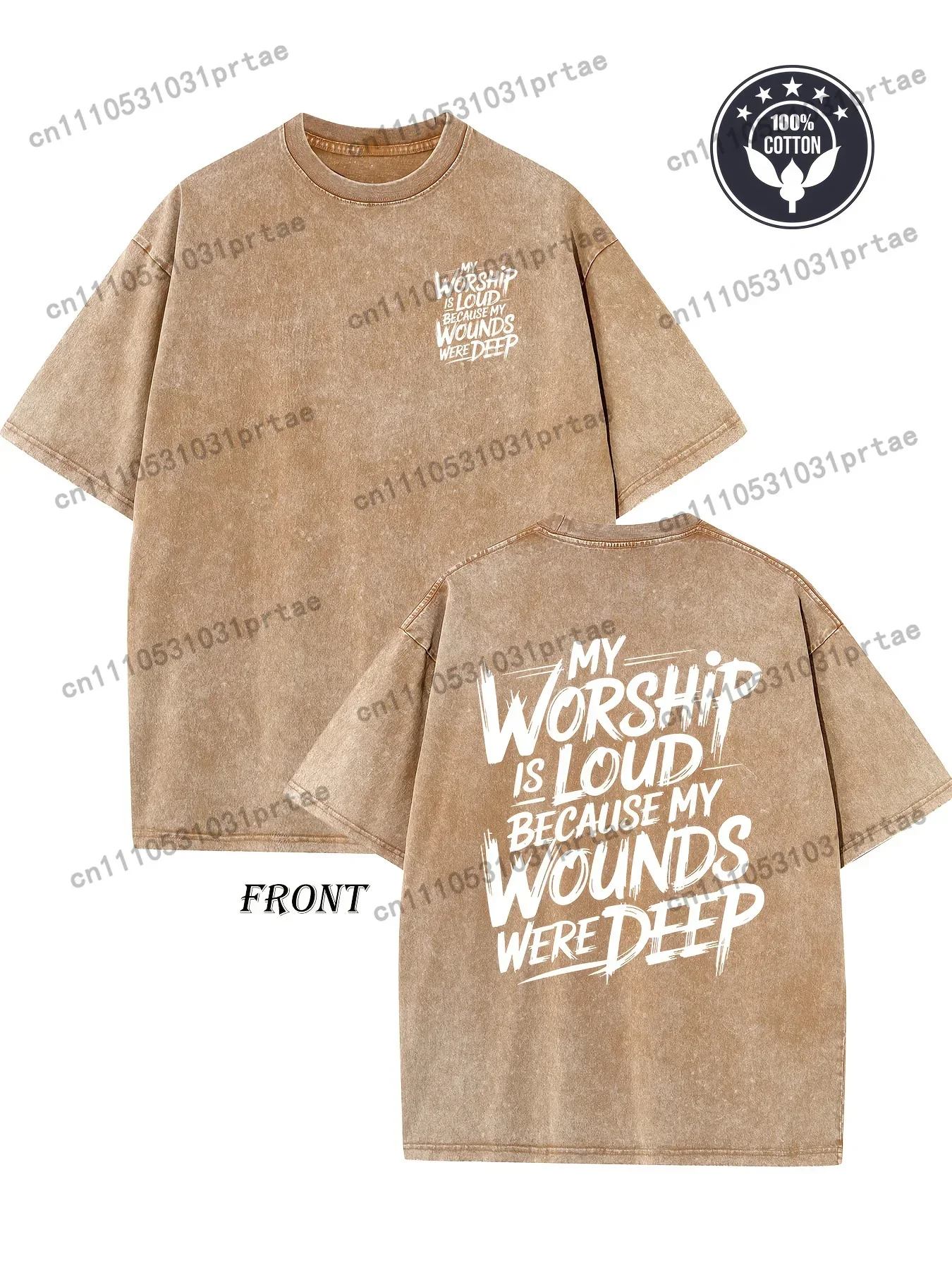 Retro Artistic Design Washed Tee Featuring The Phrase 'My Worship Is Lord Because My Wounds Were Deep' Printed on Both Sides. Th