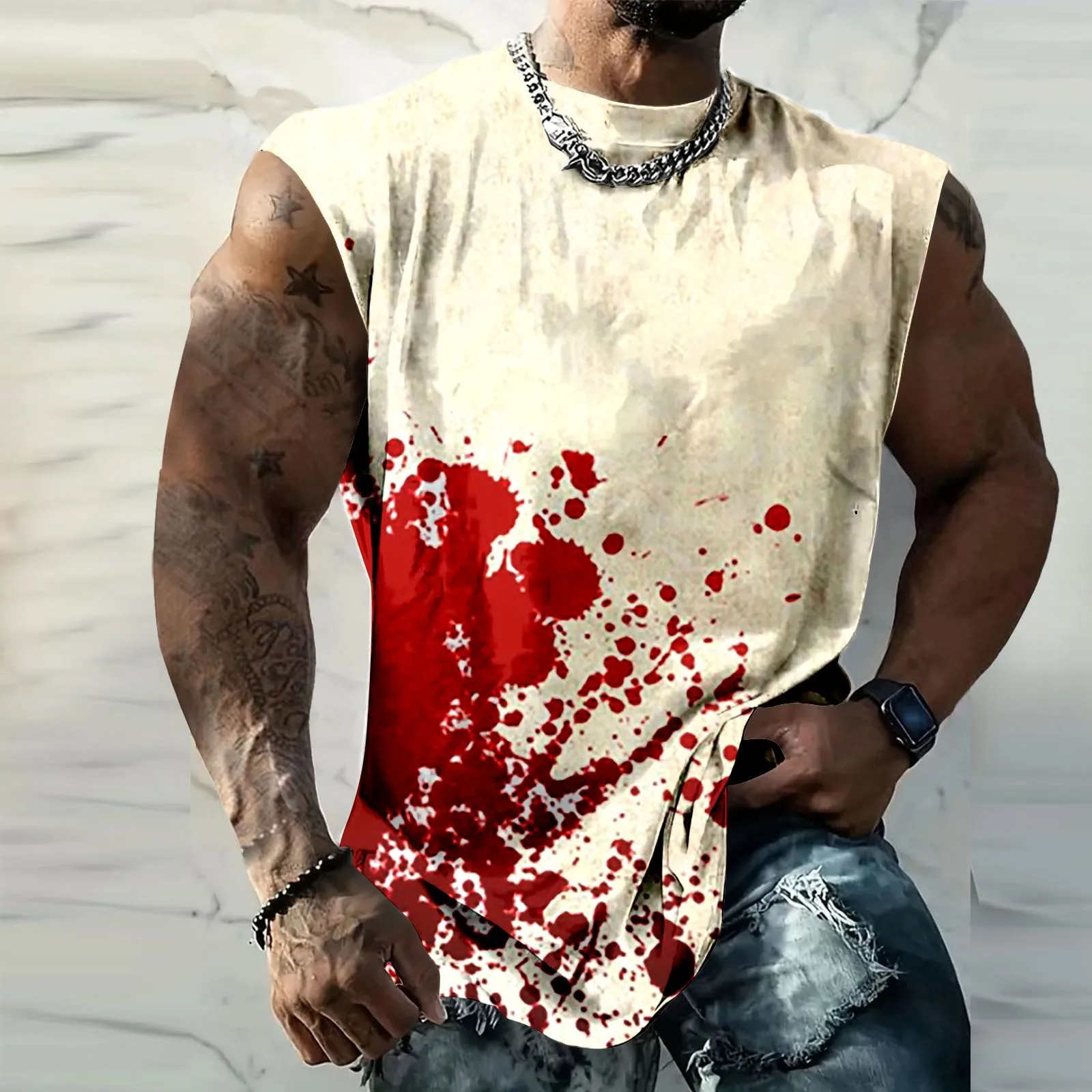 Halloween Bloodprint Top Men's Cool Breathable Sleeveless Shirt Summer Top Workout Muscle T Shirt Gym Shirt Men Dressy Mens Tech