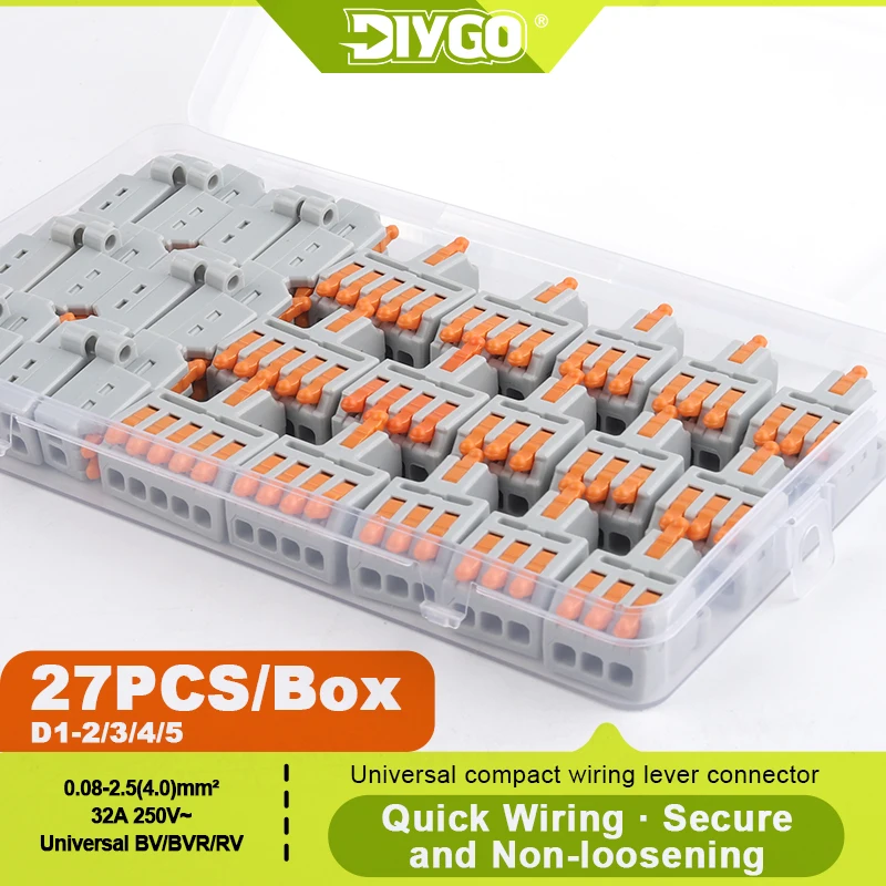 DIY GO 27PCS Lever Wire Quick Connectors Compact Splicing Terminals Wire Connectors Kit 2/3/4/5 Circuit Inline Splices 28-12 AWG