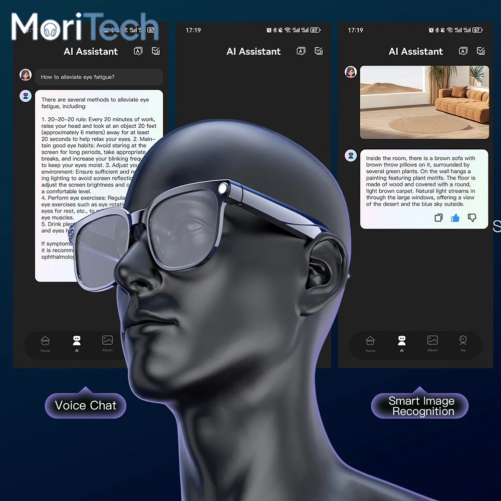 

Умные очки MoriTech AI с костной проводимостью и направленным звуком, голосовым помощником AI, длительным временем автономной работы