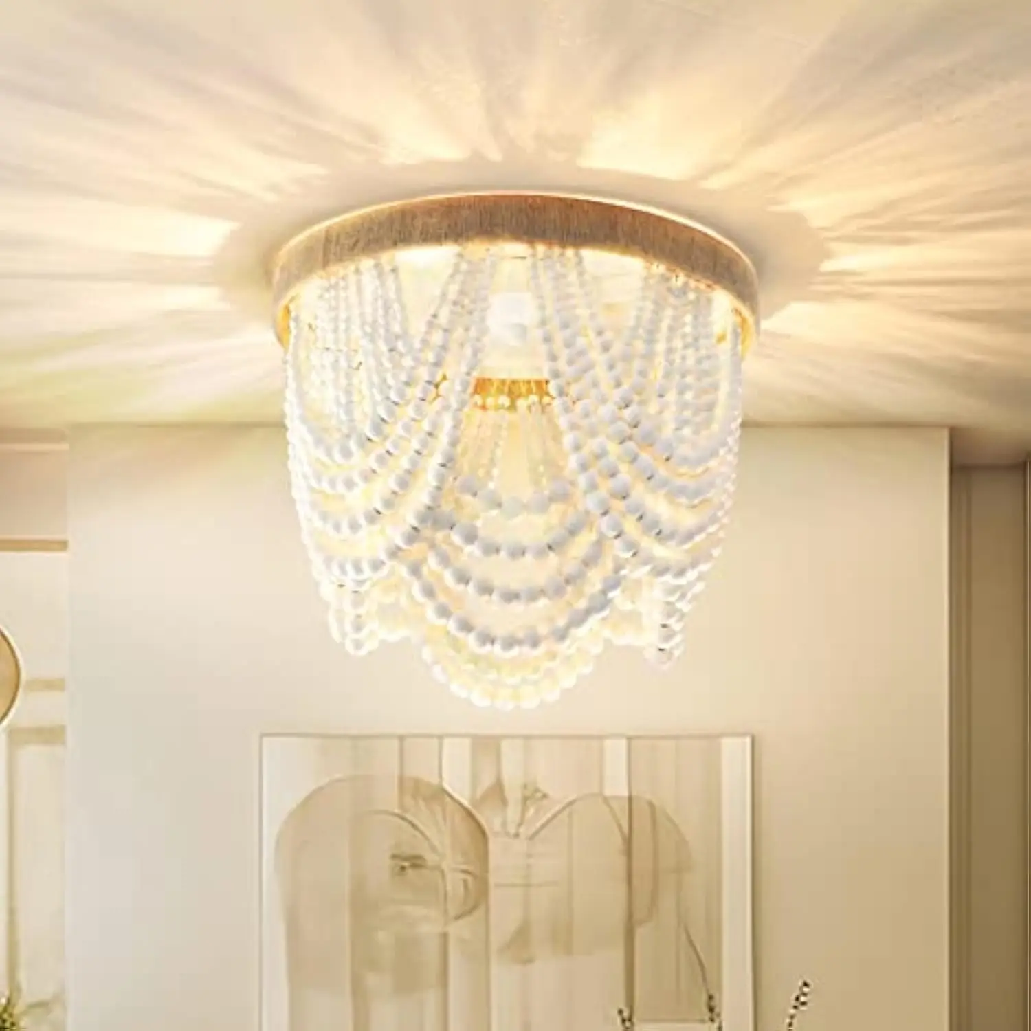 

Wood Beaded Chandelier, Boho Ceiling Light Fixture, Bohemia Semi Flush Mount Ceiling Light Fixture, 4-Light Antique Rustic Chan