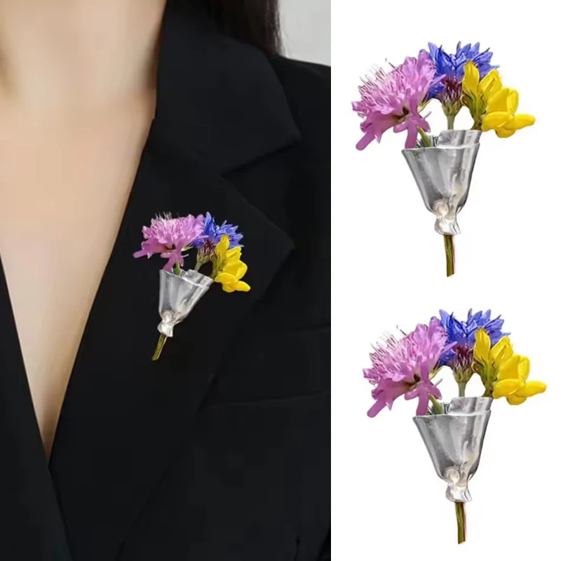 دبابيس باقة يمكن ارتداؤها، بروش مزهرية زهرة فنية، مشبك حامل باقة ذاتية الصنع، دبوس طية صدر السترة على شكل زهور للنساء والرجال هدايا مجوهرات السنة الجديدة
