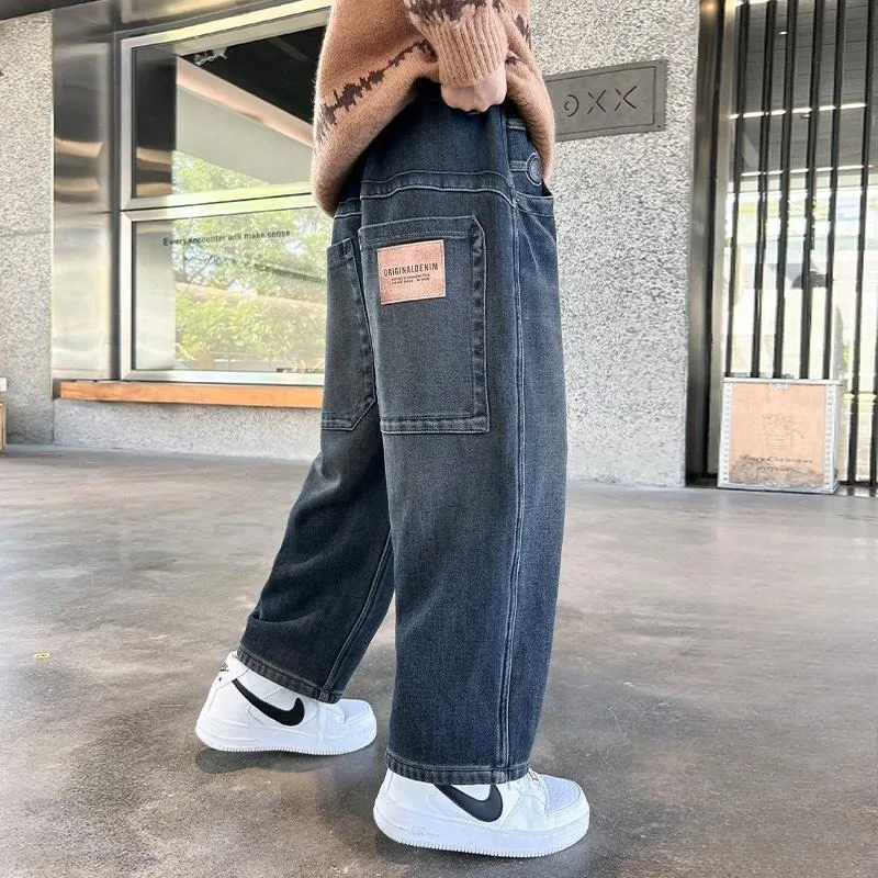 

Осенне-зимние джинсы премиум-класса для мальчиков на флисовой подкладке, новинка 2025 года, утепленные прямые джинсы для мальчиков, синие зимние джинсы для маленьких мальчиков