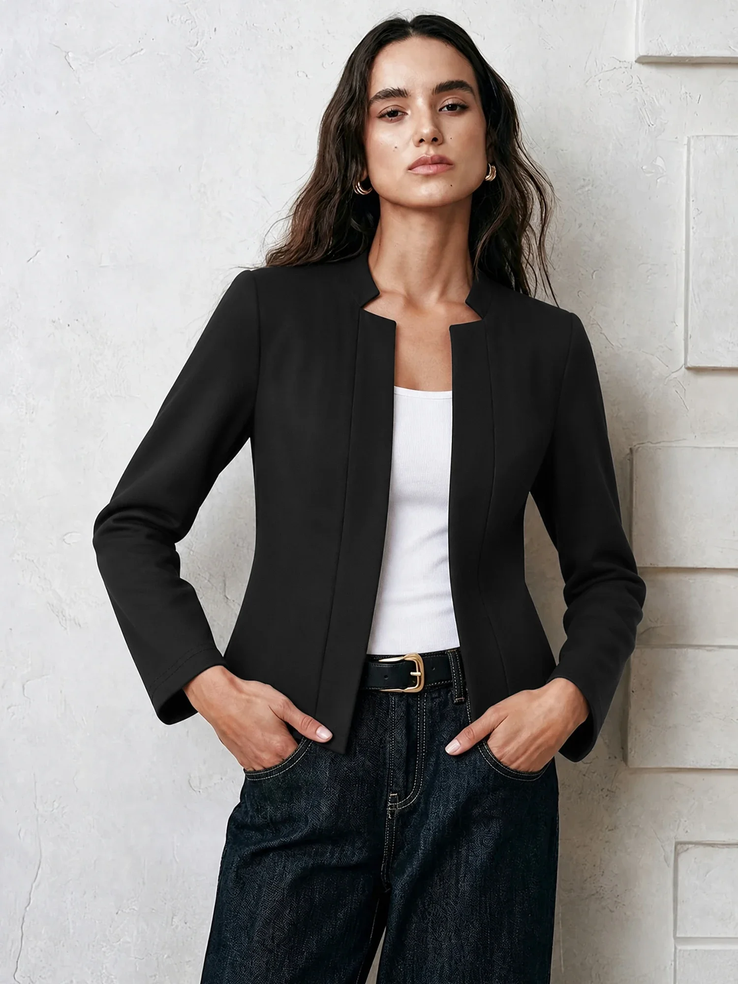 Fashion Women Mandarin Collar Open Blazer No Button Slim Fit Solid Color Spring Fall Suit Outer Coat