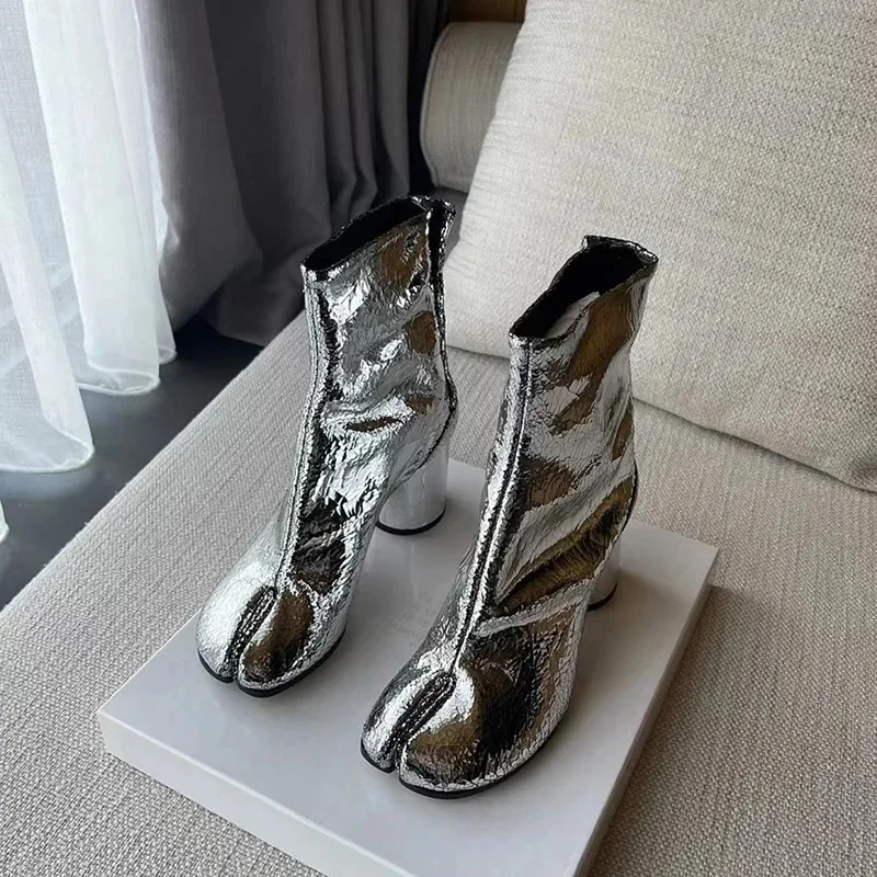 Neue schwarze Tabi-Stiefel mit geteilter Zehenpartie, klobigem hohem Absatz, Damenstiefel aus Leder, Zapatos Mujer, modische Herbstschuhe für Damen, Botas Mujer