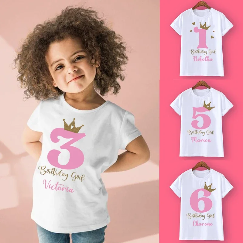 Crown Birthday Custom Name T-Shirt for Girls 1-10 Years Wild Tee Party Top Kids Fashion Clothing Personalised Gift