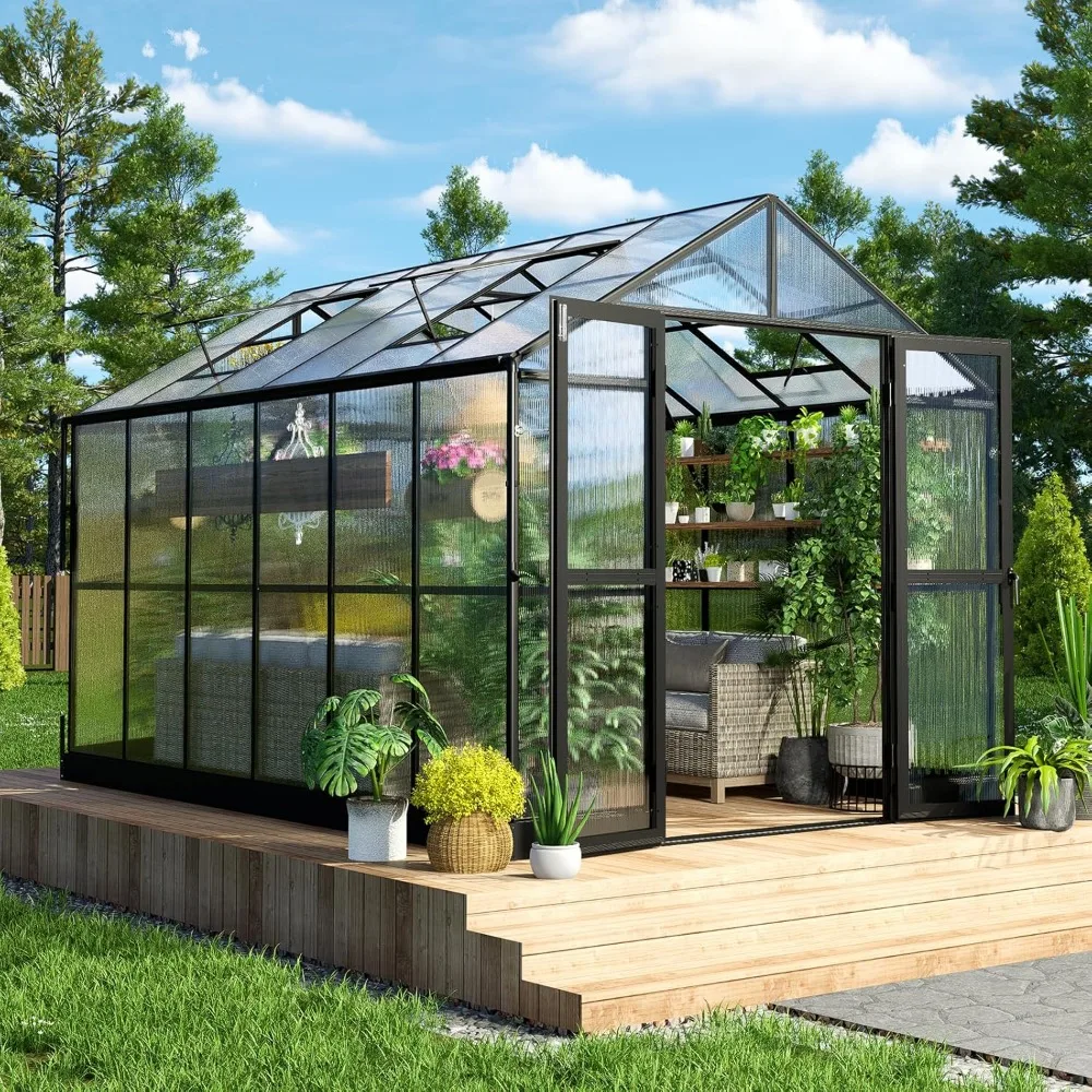 

Polycarbonate Greenhouse Double Swing Doors 4 Vents 5.2FT Added Wall Height, Walk-in Large Aluminum Winter Sunroom Greenhouse